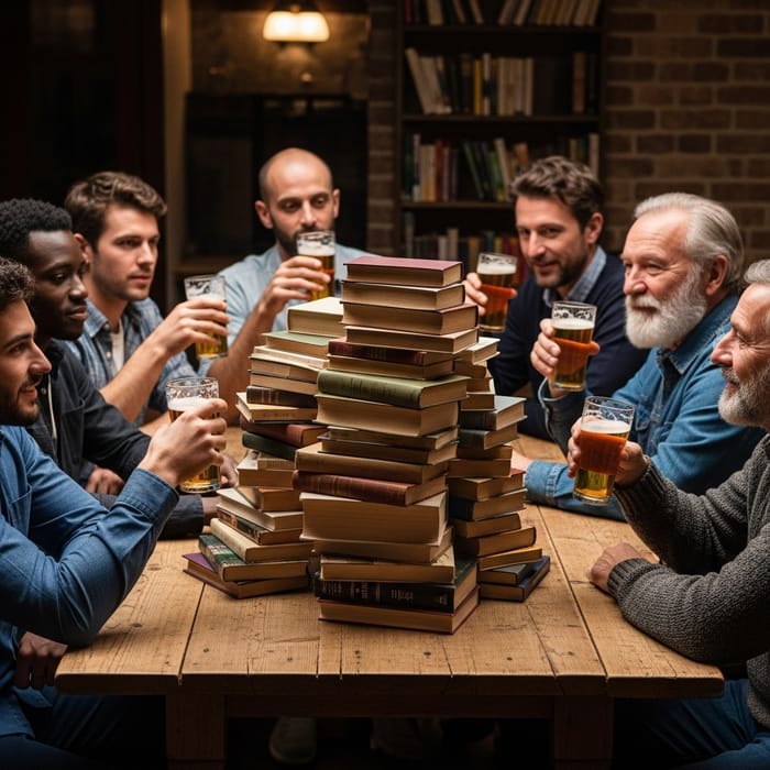 Seven Men in Various Outfits Sitting at Table with Books and Beer