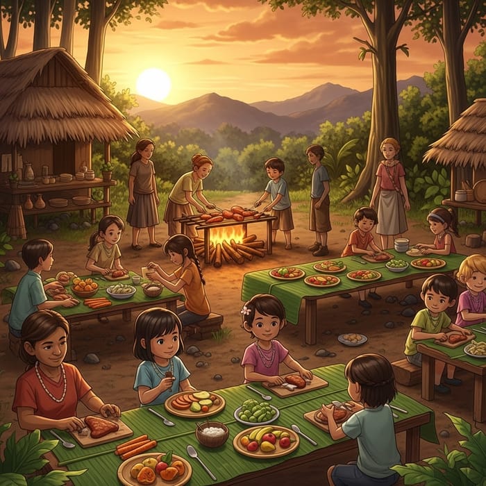 Harmonious Forest Village Feast Scene in Vibrant Animation