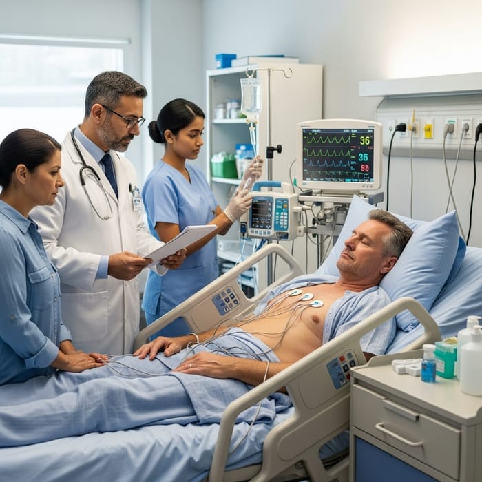 Realistic Photo of Male Patient in Hospital Bed with Diverse Medical Team Realistic Photo of Male Patient in Hospital Bed with Diverse Medical Team
