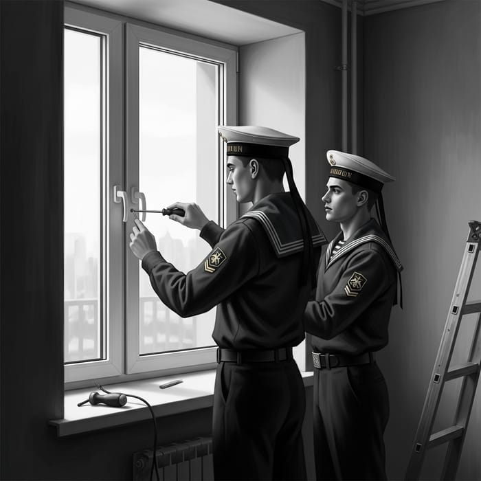 Vintage Russian Sailors Installing Window in Chiaroscuro Lighting