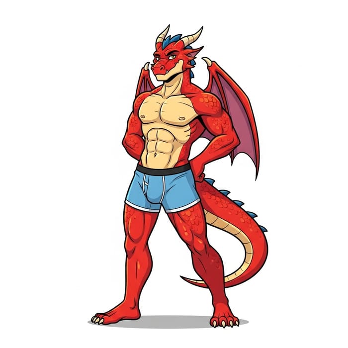 Confident Male Dragon Demi-Human in Boxers: Playful Illustration Confident Male Dragon Demi-Human in Boxers: Playful Illustration