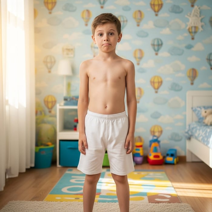 Confused 8-Year-Old Boy in Brightly Lit Bedroom | Child's Playful Scene