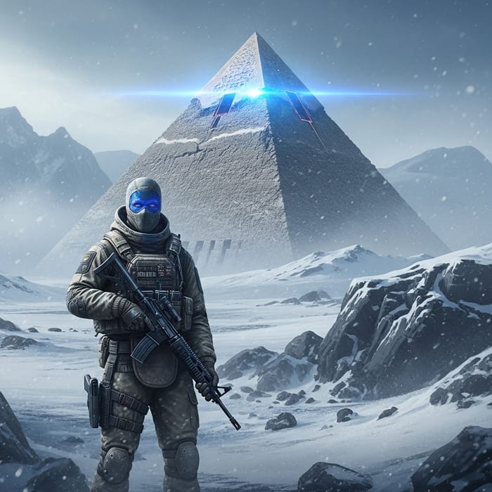 Blue-Eyed Mercenary at Mysterious Pyramid in Harsh Russian Landscape Blue-Eyed Mercenary at Mysterious Pyramid in Harsh Russian Landscape