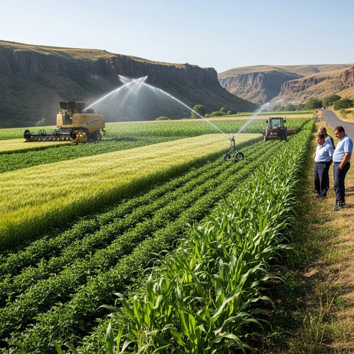 Abundant Crop: Corn, Barley, Peas, Beans, Spelt, and Scenic Gorge with Armenian Workers