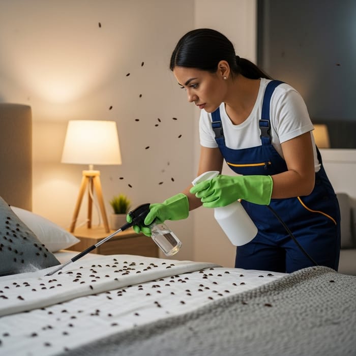 Hispanic Female Cleaner Battling Bedbugs in Bedroom - Expert Pest Control Services