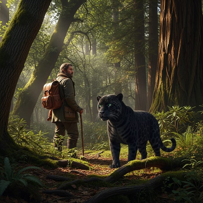 Mysterious Encounter: Wanderer with Black Jaguar in Forest Mysterious Encounter: Wanderer with Black Jaguar in Forest