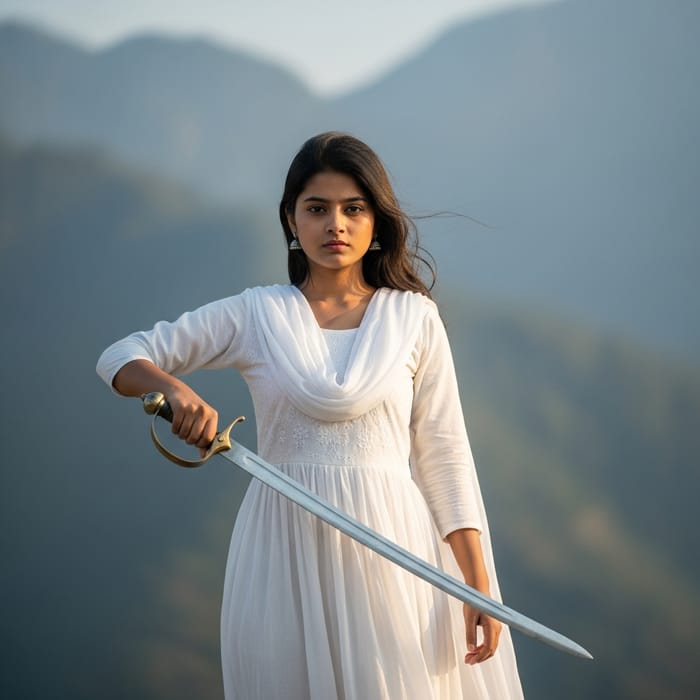 Girl in White Dress with Sword in Mountains