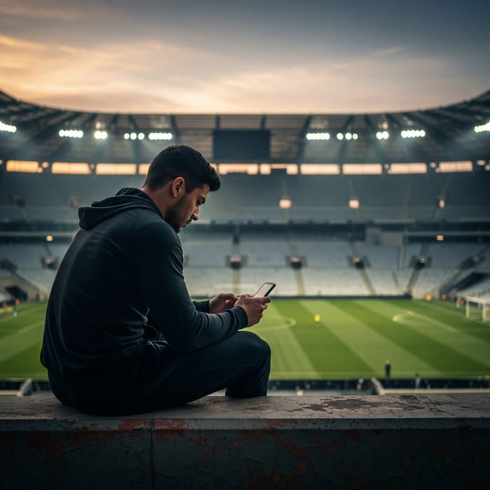 Athletic Man Using Phone in Large Stadium Background Athletic Man Using Phone in Large Stadium Background