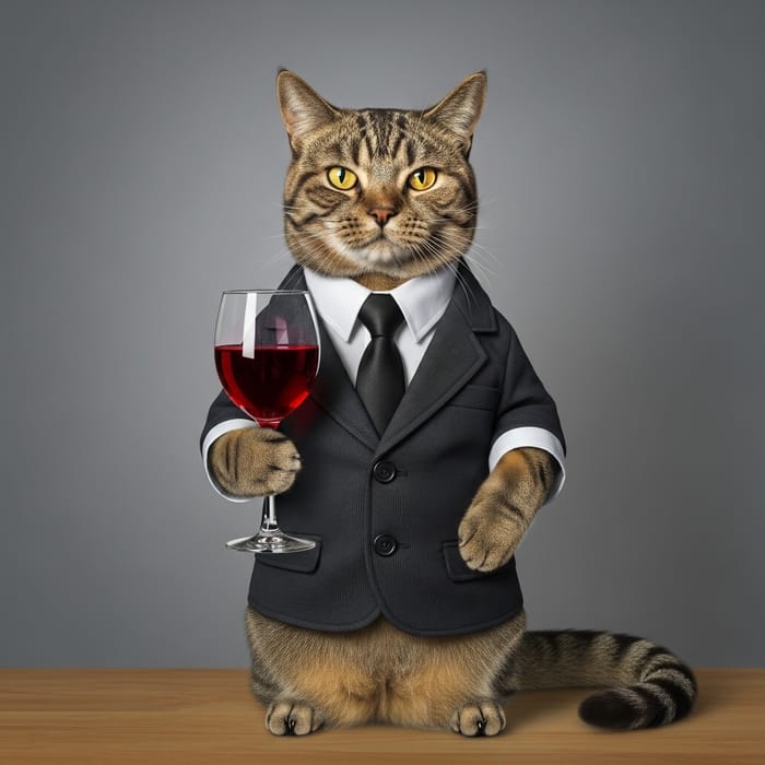 Elegant Cat in Business Suit Holding Wine Glass Elegant Cat in Business Suit Holding Wine Glass