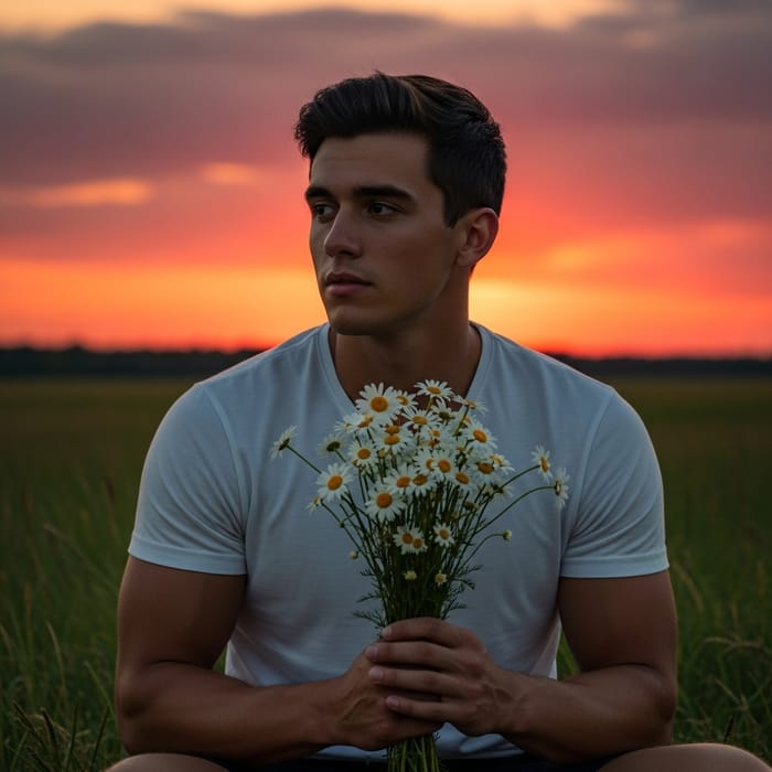 Tranquil Sunset Scene: Jimin Relaxing in Field with Daisies