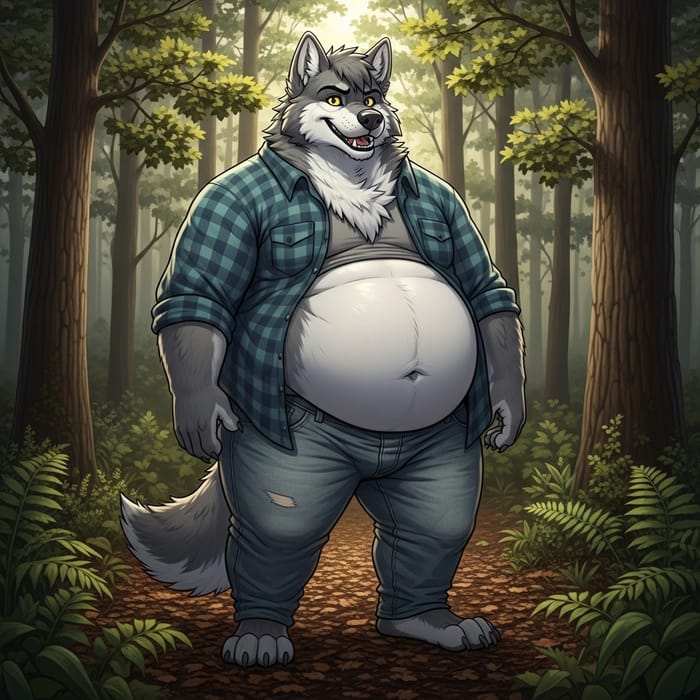 Chubby Anthro Wolf in a Serene Forest