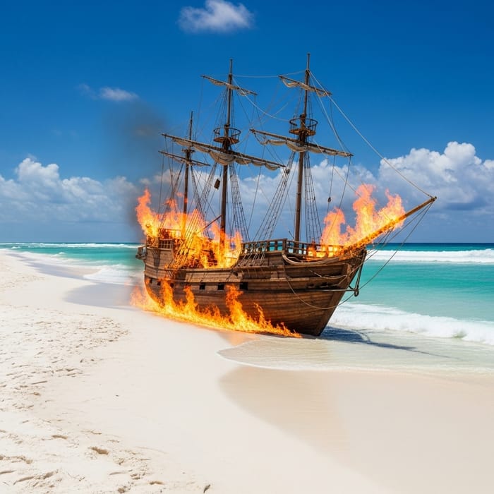 Photorealistic Pirate Ship Ablaze on Pristine White Sand Beach