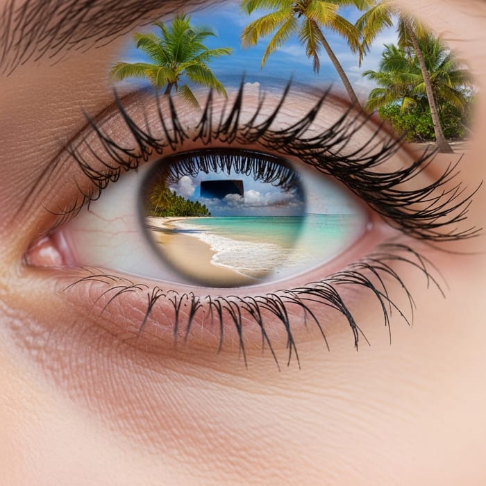 Brown Eye Close-up with Beach Background Brown Eye Close-up with Beach Background