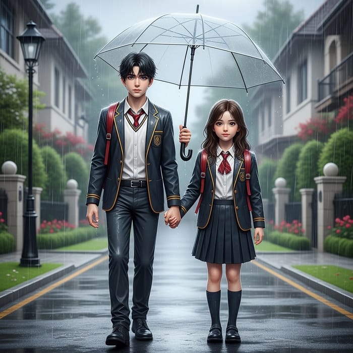 Tender Innocence: Boy & Girl in Rain Soaked Uniforms