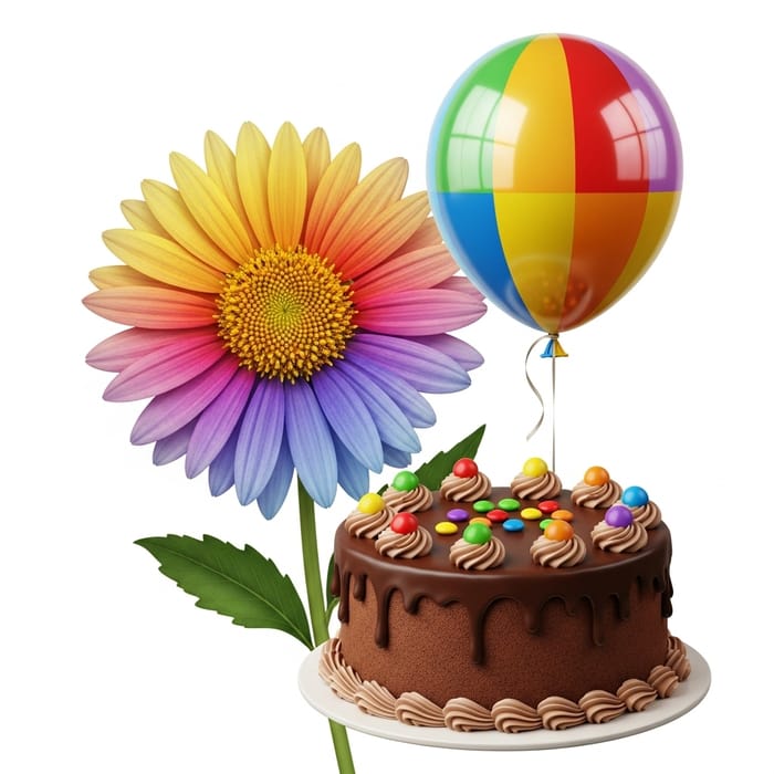 Vibrant Flower & Cake Balloon Scene Vibrant Flower & Cake Balloon Scene