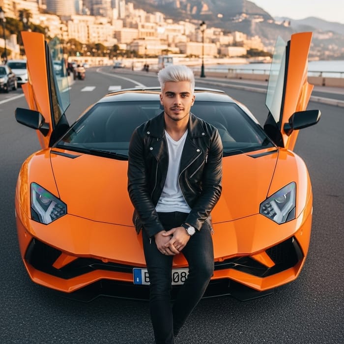 Young Man with White Hair on Luxurious Lamborghini Young Man with White Hair on Luxurious Lamborghini