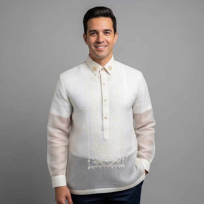 Hispanic Man Donning Barong Tagalog - Traditional Filipino Attire Hispanic Man Donning Barong Tagalog - Traditional Filipino Attire