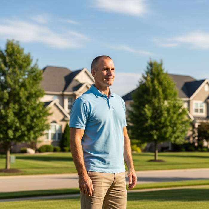 Middle-Aged Man Enjoying Sunny Suburban Surroundings