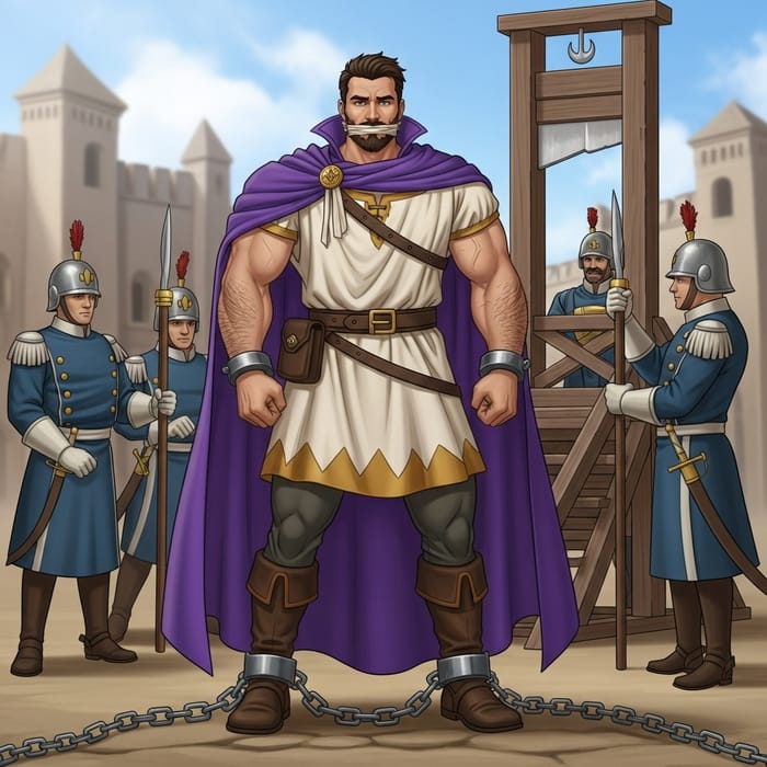 Strong Prince in Purple Cape Faces Grim Guillotine Execution