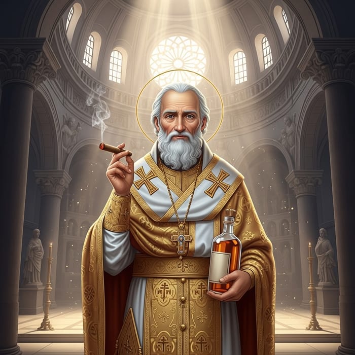 Saint Elmo Artwork with Cigar and Beverage | Religious Icon