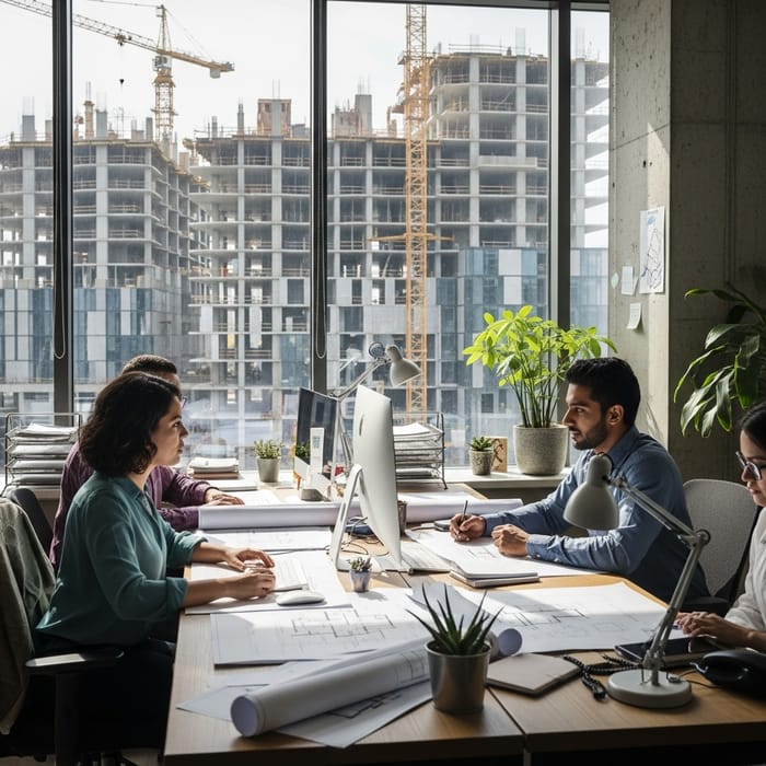 Vibrant Office Scene with Diverse Employees and Building Construction