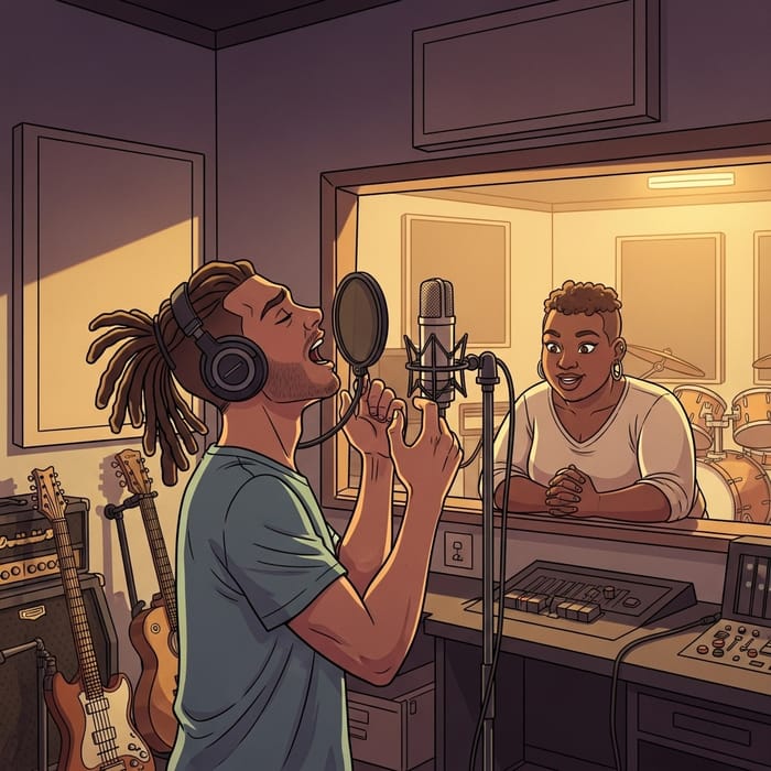 Cartoon Musician with Dreadlocks and Confident Girlfriend in Recording Studio Cartoon Musician with Dreadlocks and Confident Girlfriend in Recording Studio