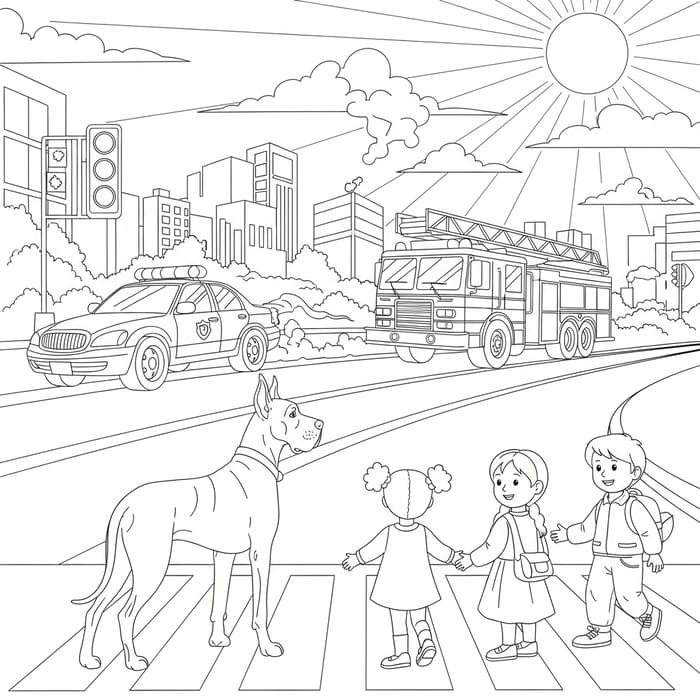 Children's Coloring Page: Lively City Scene with Great Dane, Police Car, and Fire Engine Children's Coloring Page: Lively City Scene with Great Dane, Police Car, and Fire Engine