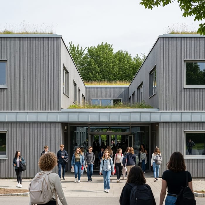 Contemporary School Design with Vertical Gray Wood Facade and Metal Panels Contemporary School Design with Vertical Gray Wood Facade and Metal Panels
