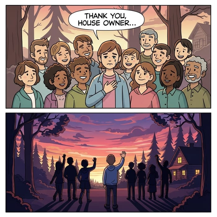 Heartfelt Gratitude and Farewells in Forest Cartoon Comic Heartfelt Gratitude and Farewells in Forest Cartoon Comic
