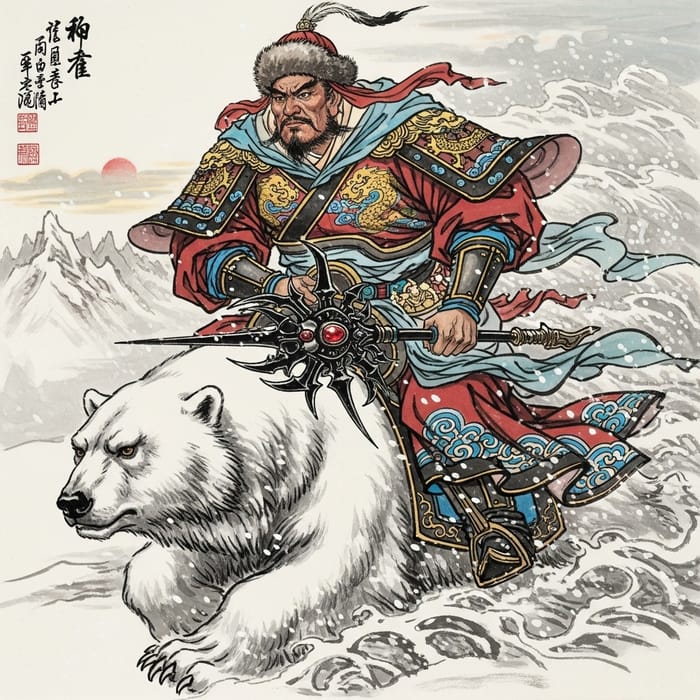 Genghis Khan Riding Polar Bear with Black Assault Rifle