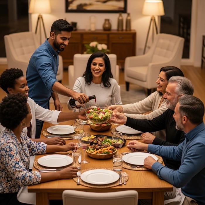 Diverse Dining Experience: Gathered Around Table for Dinner Diverse Dining Experience: Gathered Around Table for Dinner