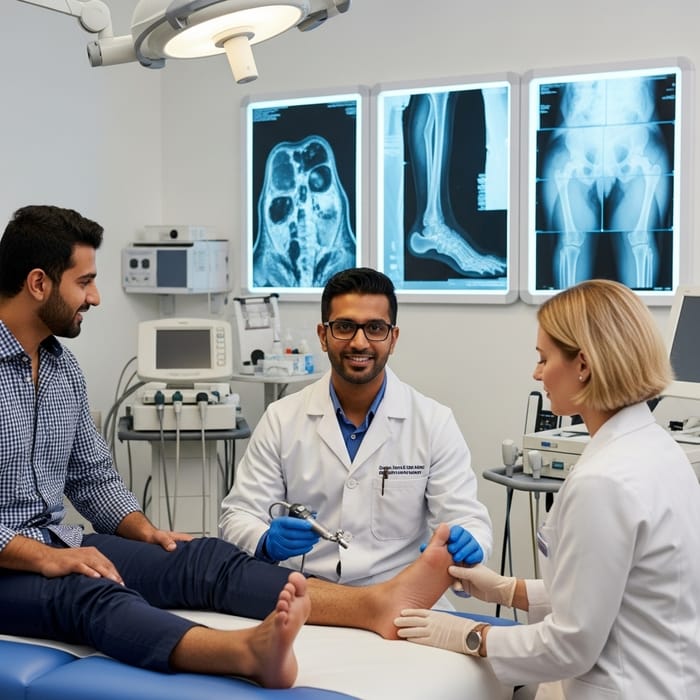 Specialist Foot Doctor Treating Patient with Assistant, MRI, and X-rays