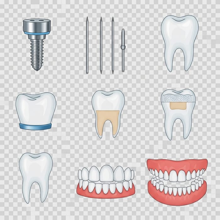 Dental Icons Set: Implants, Pins, Fillings, Prosthetics Dental Icons Set: Implants, Pins, Fillings, Prosthetics