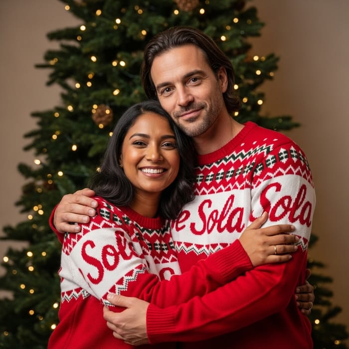 Cozy Holiday Moment: Asian & French Coca-Cola Sweater Hug by a Pine Tree
