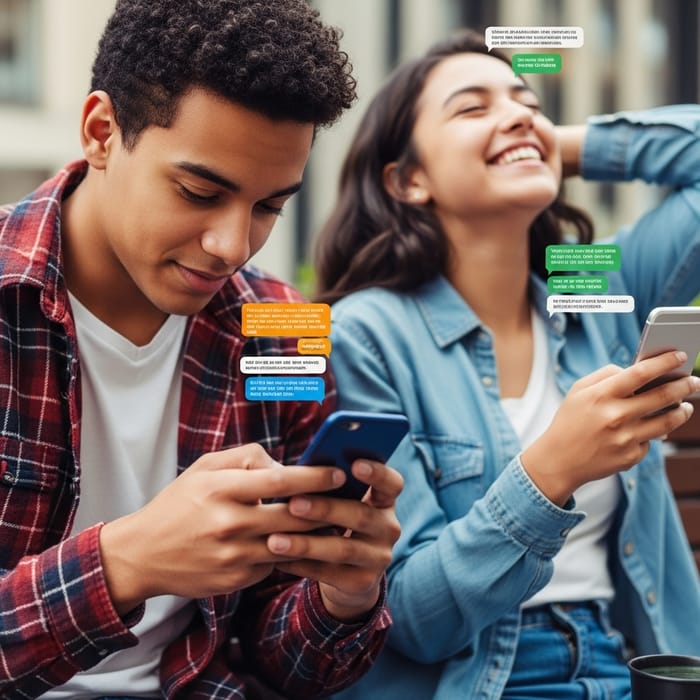 Late Teen Friends Engrossed in Online Chat | Fun & Lively Interaction Late Teen Friends Engrossed in Online Chat | Fun & Lively Interaction
