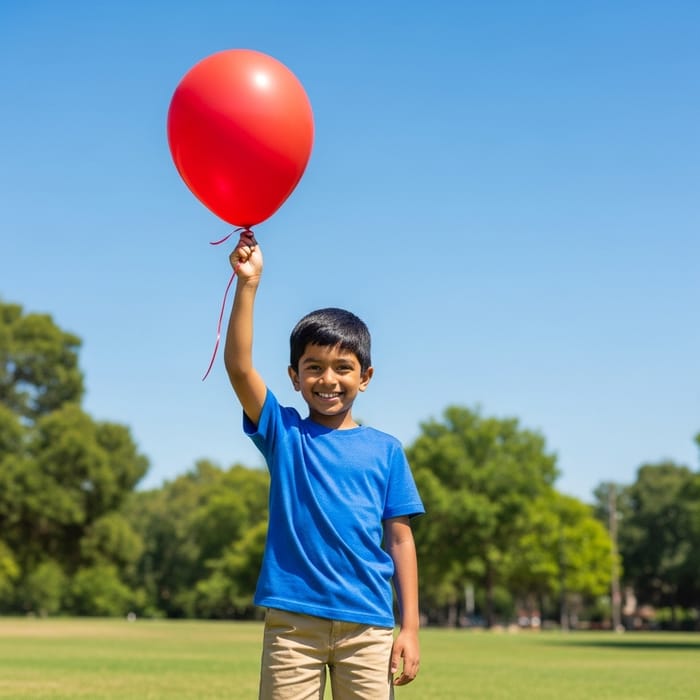 Cheerful Child with Red Balloon in the Park Cheerful Child with Red Balloon in the Park
