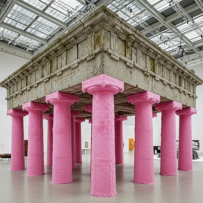 Realistic Stone Exhibition with Pink Fur Columns Realistic Stone Exhibition with Pink Fur Columns
