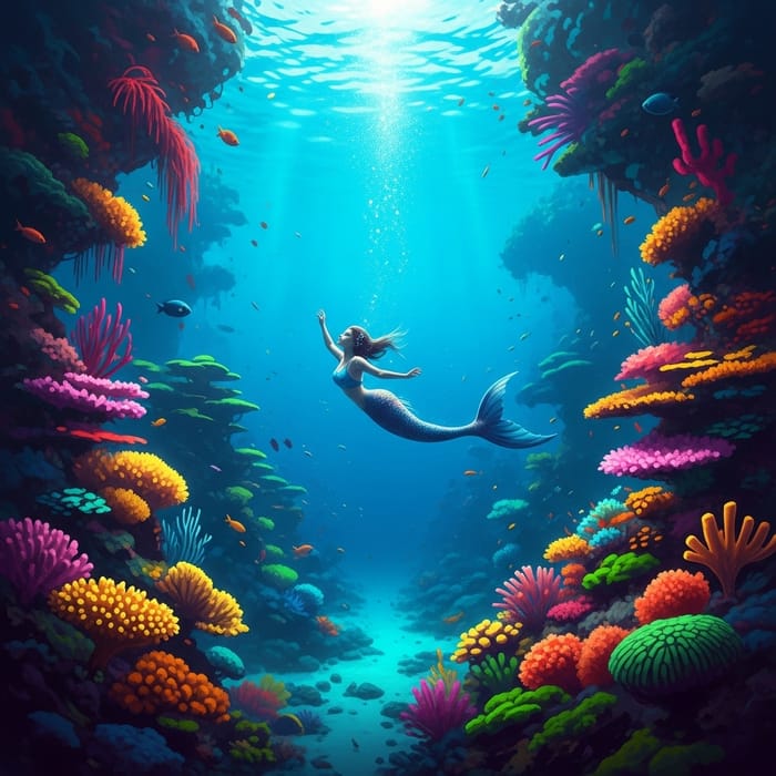 Surreal Underwater Mermaid amid Neon Coral Reefs Surreal Underwater Mermaid amid Neon Coral Reefs