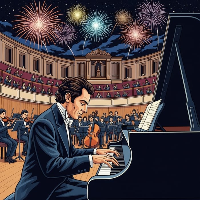 Modern & Vibrant Portrait of Giacomo Puccini at Piano | Cultural Celebration Modern & Vibrant Portrait of Giacomo Puccini at Piano | Cultural Celebration