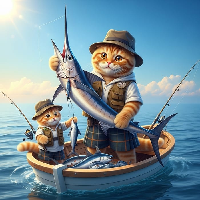 Jovial Scot Cat and Kitten Fishing the Swordfish Scene | Realism, Hyperrealism, Photorealism