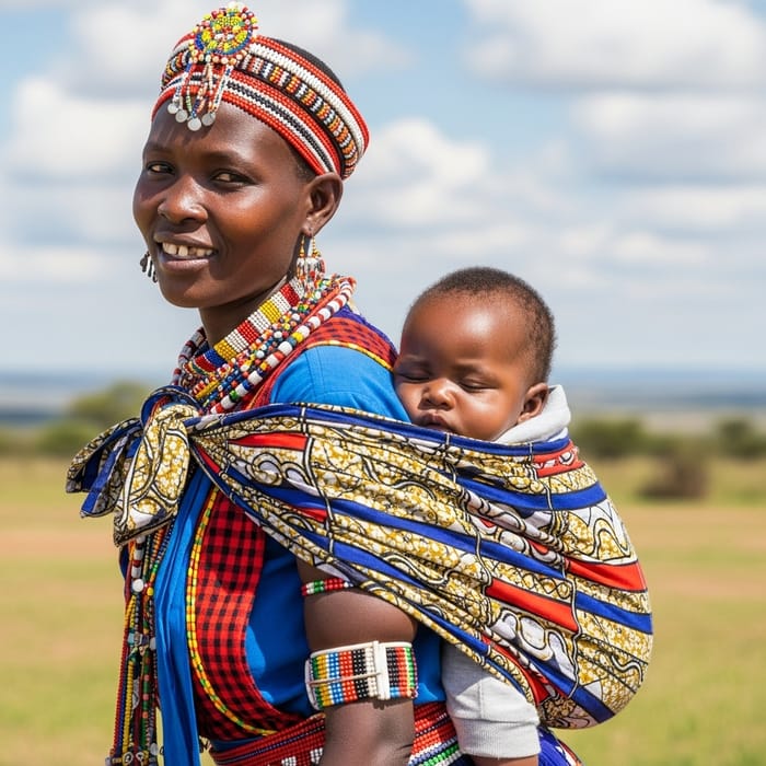 African Woman Carrying 2-Month-Old Baby on Her Back
