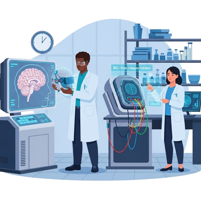Regenerative Medicine and BCI Technology in Lab Scene Illustration Regenerative Medicine and BCI Technology in Lab Scene Illustration