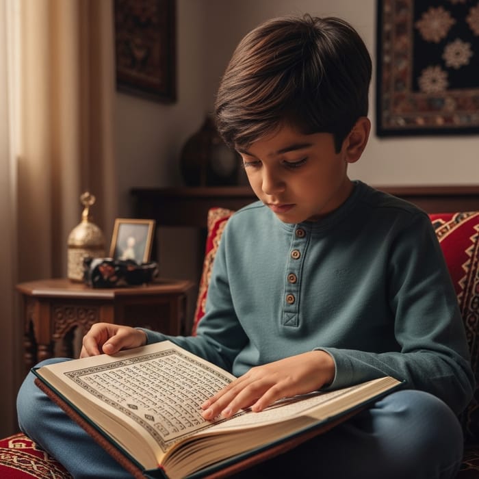 Young Boy Immersed in Qu'ran Reading in Serene Traditional Setting