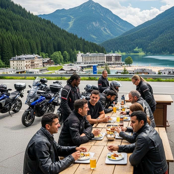 Serene Mountain Getaway in Europe: Motorcyclists at Outdoor Bar
