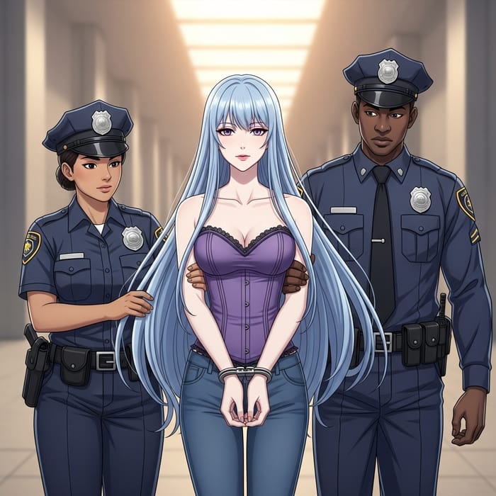 Anime-Style Woman Escorted by Police - Blue Hair & Purple Corset