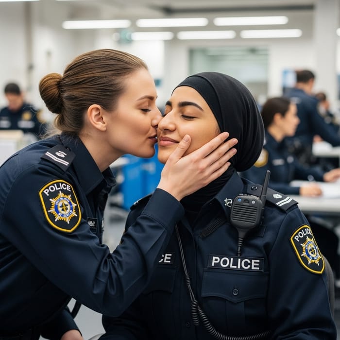 Heartfelt Moment: Female Police Officers Sharing a Kiss Heartfelt Moment: Female Police Officers Sharing a Kiss