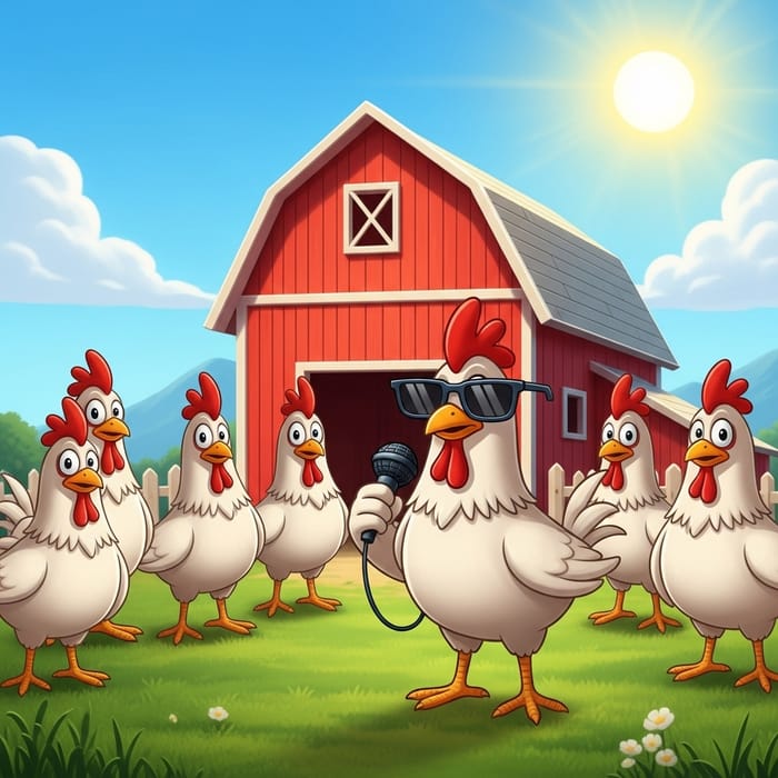 Funny Chickens with Sunglasses Outside Red Barn | Sunny Day Cartoon Funny Chickens with Sunglasses Outside Red Barn | Sunny Day Cartoon