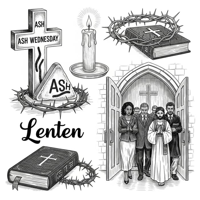 Lenten Season Sketch | Symbolism of Ash Cross, Candle, Thorns, Bible