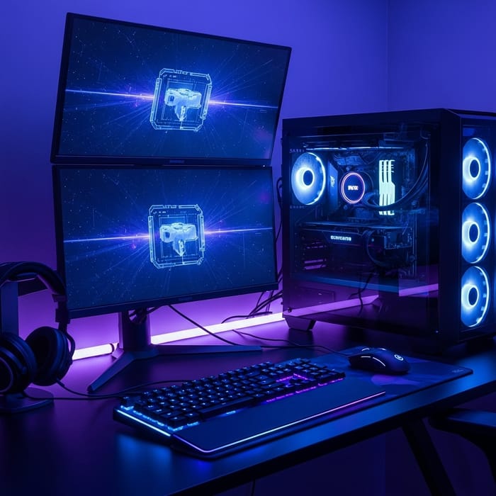 Stylish Gaming Setup with Blue and Purple Neon Lights