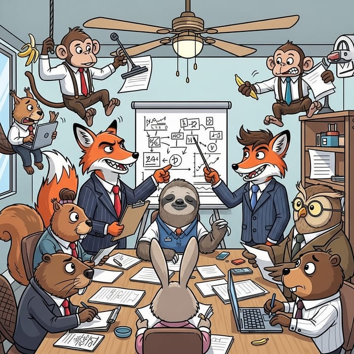 Colorful Animal Characters in Comical Business Meeting Colorful Animal Characters in Comical Business Meeting